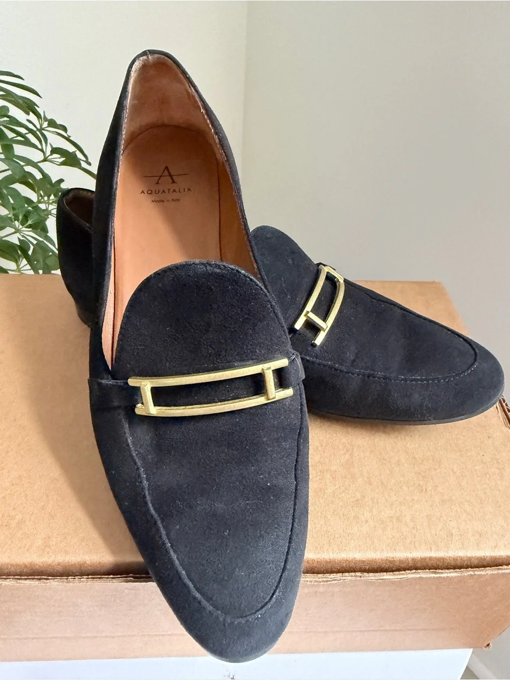 Aquatalia Black Suede Loafers with Gold Accent